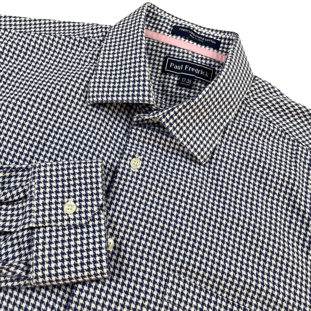 Paul Fredrick Mens Blue White Houndstooth Long Staple Cotton Dress Shirt 17/Lg